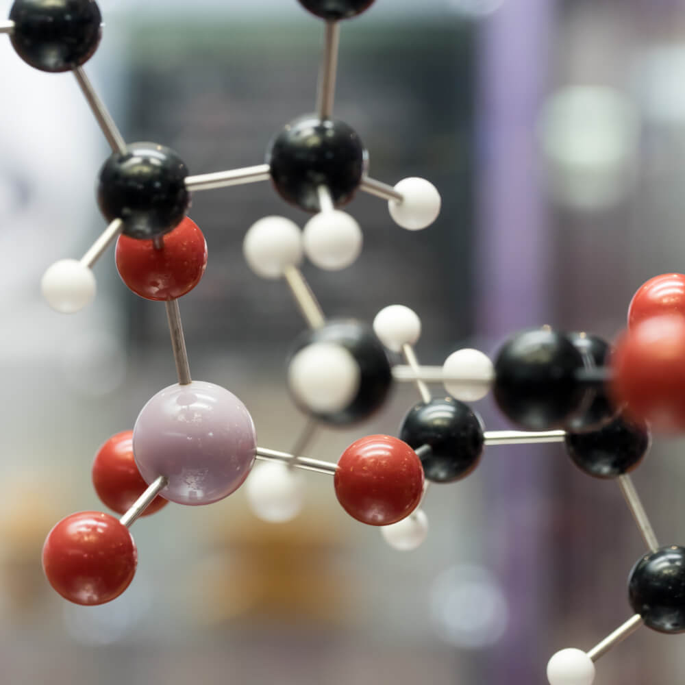 Molecular, DNA and atom model in science research lab