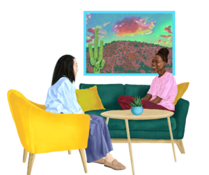 Two woman happily talking at home